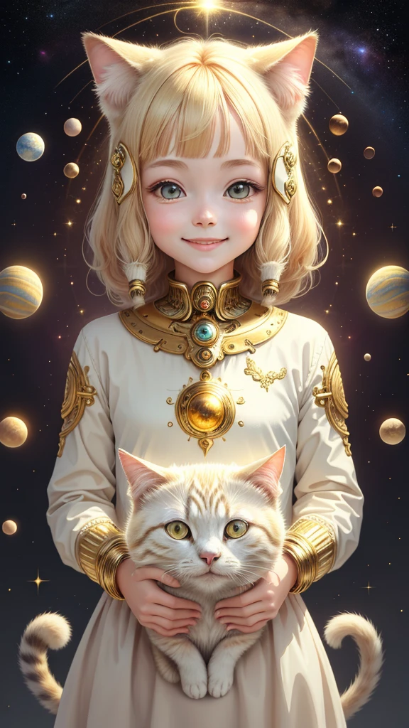 1 girl, space background, ivory gold AI psychedelic magic, cat, clean, bright, smiling, God