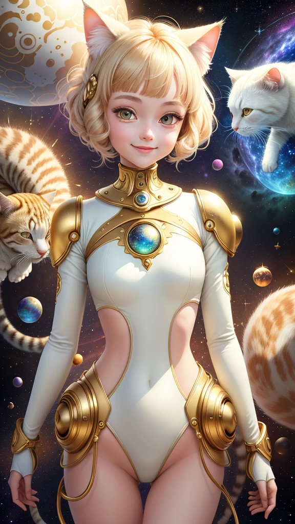 1 girl, space background, ivory gold AI psychedelic magic, cat, clean, bright, smiling, God