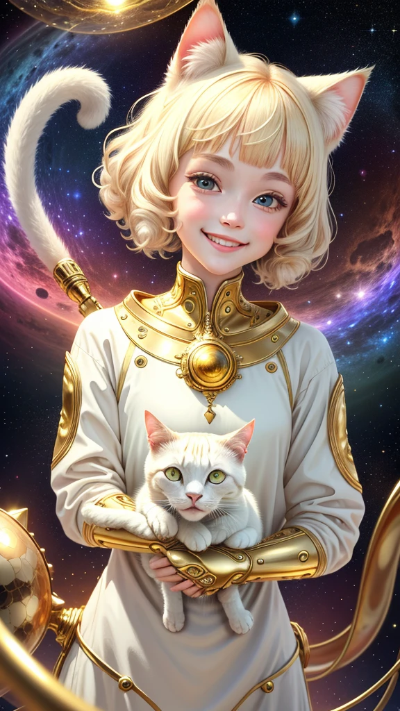 1 girl, space background, ivory gold AI psychedelic magic, cat, clean, bright, smiling, God