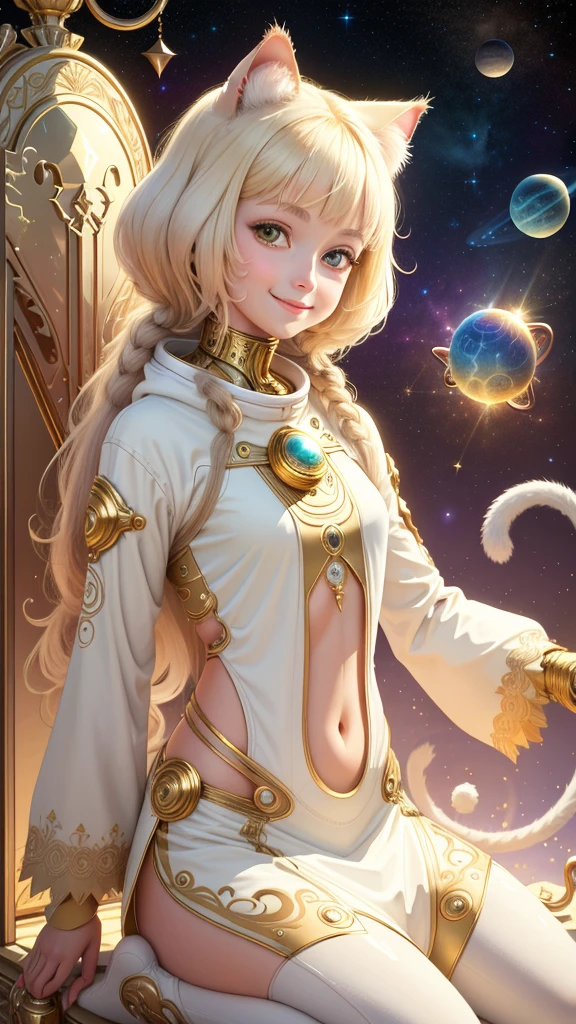 1 girl, space background, ivory gold AI psychedelic magic, cat, clean, bright, smiling, God