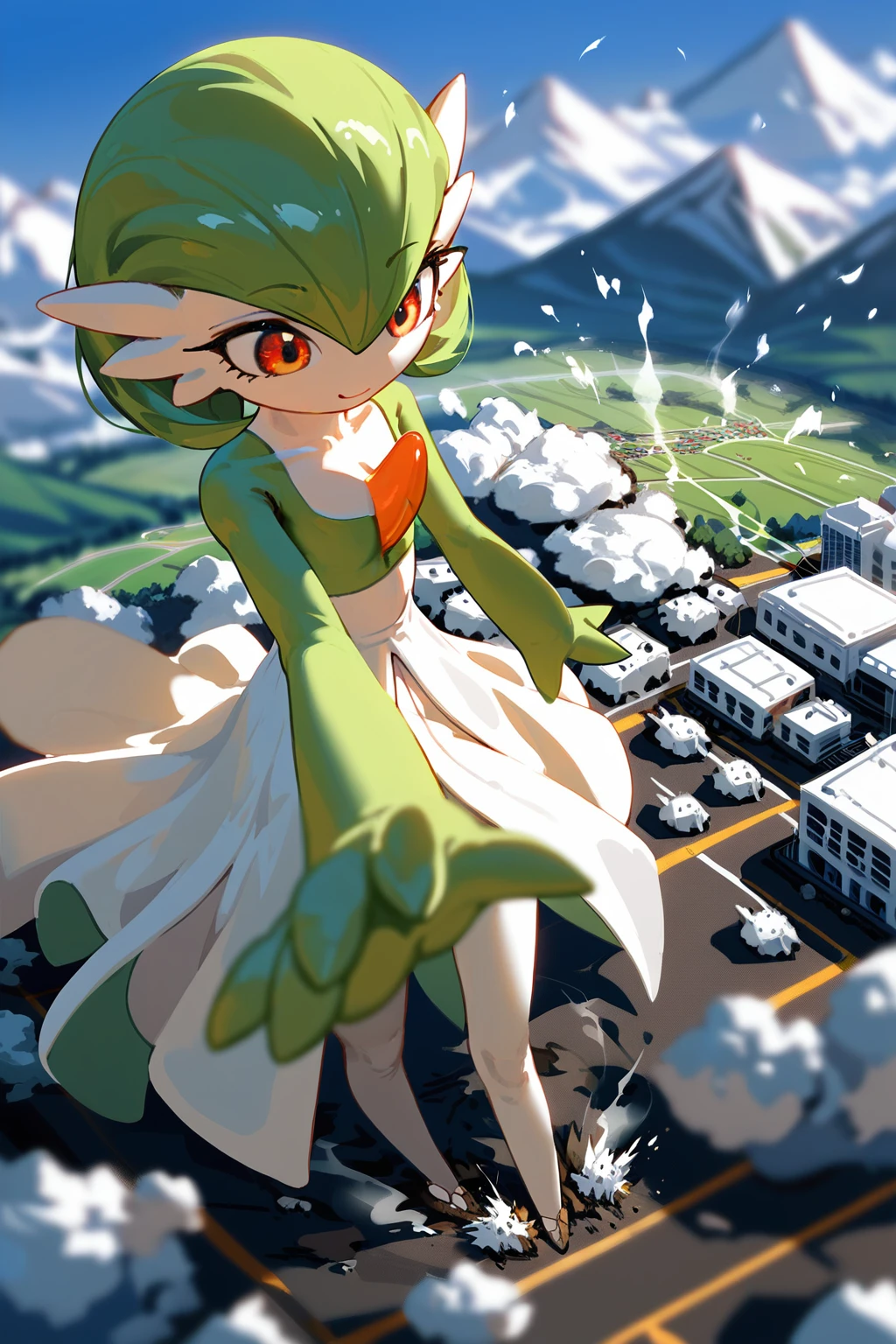 {{green and white}}, gardevoir, pokemon, macro, high angle, {{standing on the ground}}, standing , continent, mountain, atmosphere, giga size, depth of field, from above, destruction smoke around feet