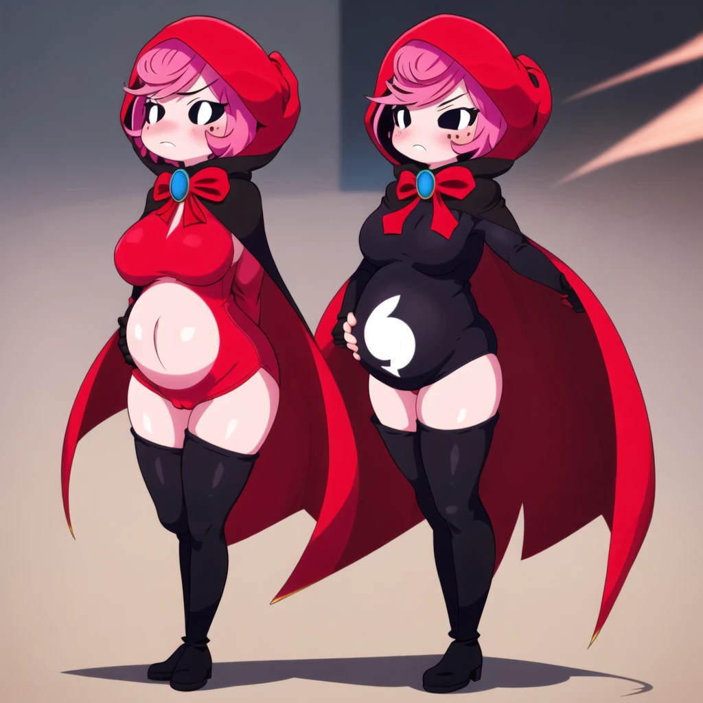 1girl, cape, full body, holding, red hooded cape, medium breasts, medium butt, pink hair, solo decently dressed, black tights, black tight pants, downed fur hood, tilted, high white boots, sexy, standing pose, hot sexy pose, pregnant round belly sexy