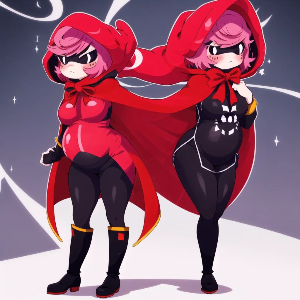 1girl, cape, full body, holding, red hooded cape, medium breasts, medium butt, pink hair, solo decently dressed, black tights, black tight pants, downed fur hood, tilted, high white boots, sexy, standing pose, hot sexy pose, pregnant round belly sexy