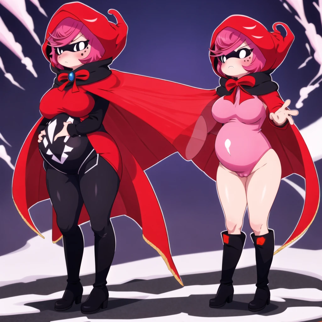 1girl, cape, full body, holding, red hooded cape, medium breasts, medium butt, pink hair, solo decently dressed, black tights, black tight pants, downed fur hood, tilted, high white boots, sexy, standing pose, hot sexy pose, pregnant round belly sexy