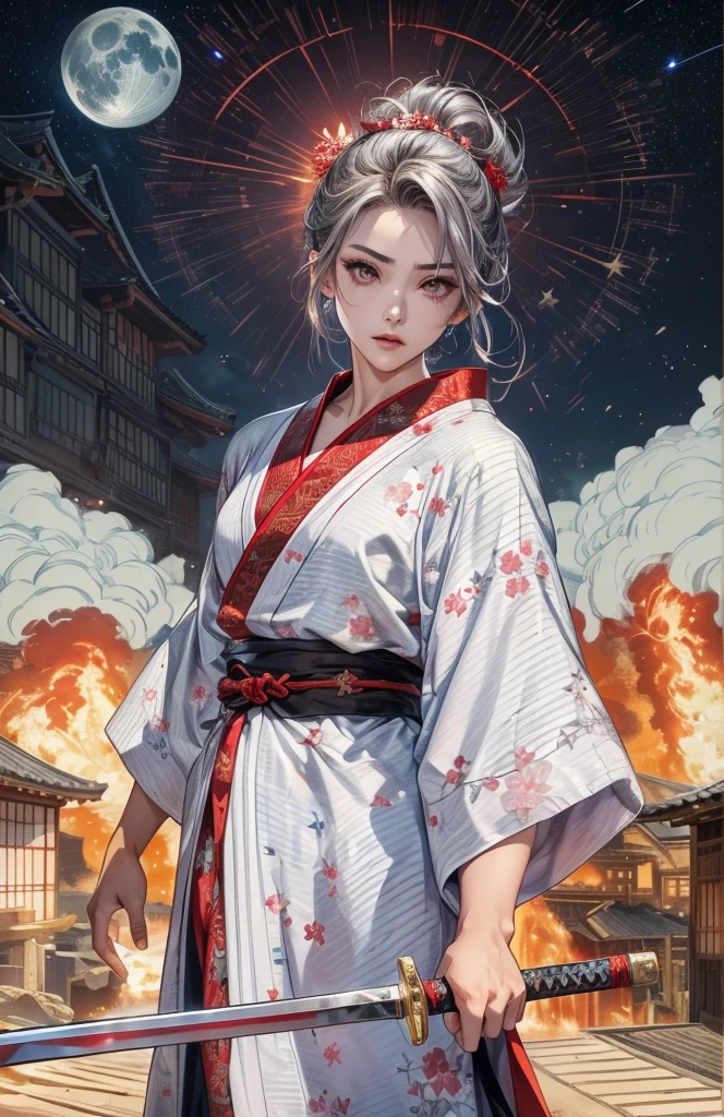 Starry Sky、Silver latex kimono、Adult women、Slit eyes、Beautiful Face、Red floral kimono、He holds a Japanese sword in his left hand.、A house is on fire in the foreground、The whole town is on fire、The moon is light purple、Glossy kimono、Smoke billows from the fire、Red shiny belt around waist