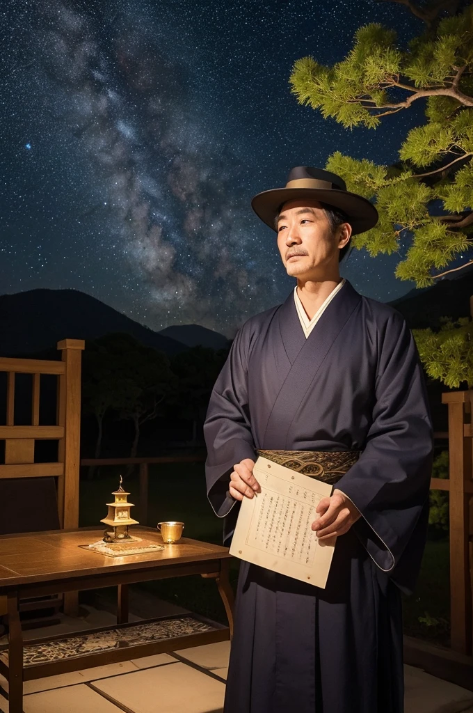 The garden of Abe no Seimei's mansion in Kyoto during the Heian period. On a clear night under a sky full of sparkling stars, Seimei, a middle-aged man with an intelligent expression, is dressed in the traditional attire of an onmyoji and wearing a black eboshi hat. He looks up at the starry sky to observe the stars, holding a star chart in his hand, while astronomical instruments such as a chart and compass are lined up around him. In the quiet garden at night, there is an air of quiet dignity, as Seimei's knowledge and skills are conveyed to those around him. High-quality, high-resolution, realistic live-action images like a scene from a movie.