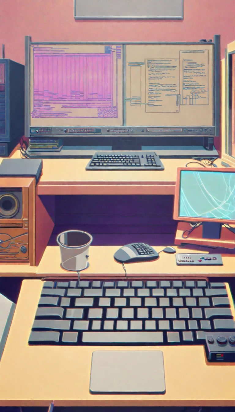 There is a computer desk with a keyboard and monitor, praise artstyle, Lo-fi illustration style, praise art, Lo-fi art, Computer Aesthetics, praise hip hop, praise, Atei Gailan Style, praise feel, Inspired by Atei Gailan, Animation illustration style, Anime Background Art