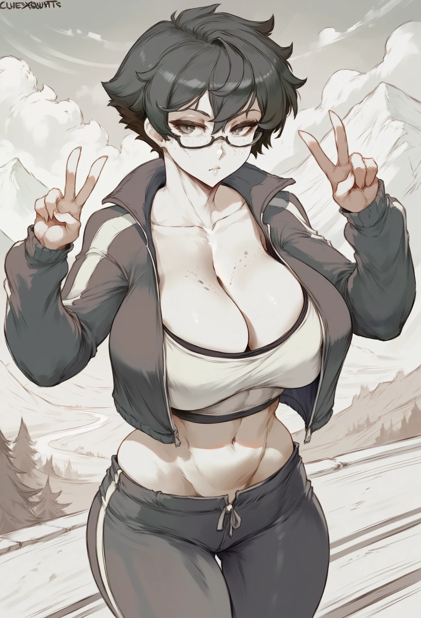 cutesexyrobutts style, 1girl, greyscale, breasts, monochrome, glasses, v, double_v, opaque_glasses, short_hair, jacket, solo, english_text, cleavage, navel, pants, tomboy, huge_breasts, mountain, track_jacket, open_jacket, freckles, open_clothes, midriff, collarbone, outdoors, closed_mouth, crop_top, long_sleeves, large_breasts