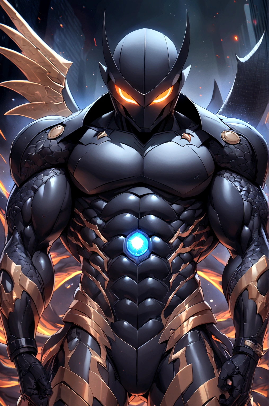 black crhome dark gothic batman black noir dragon details very strong muscle, night city around, rays cosmic around of he body, 8k ultra high quality, masterpiece, ultra detailed, dark energy around, blue luminous eyes
