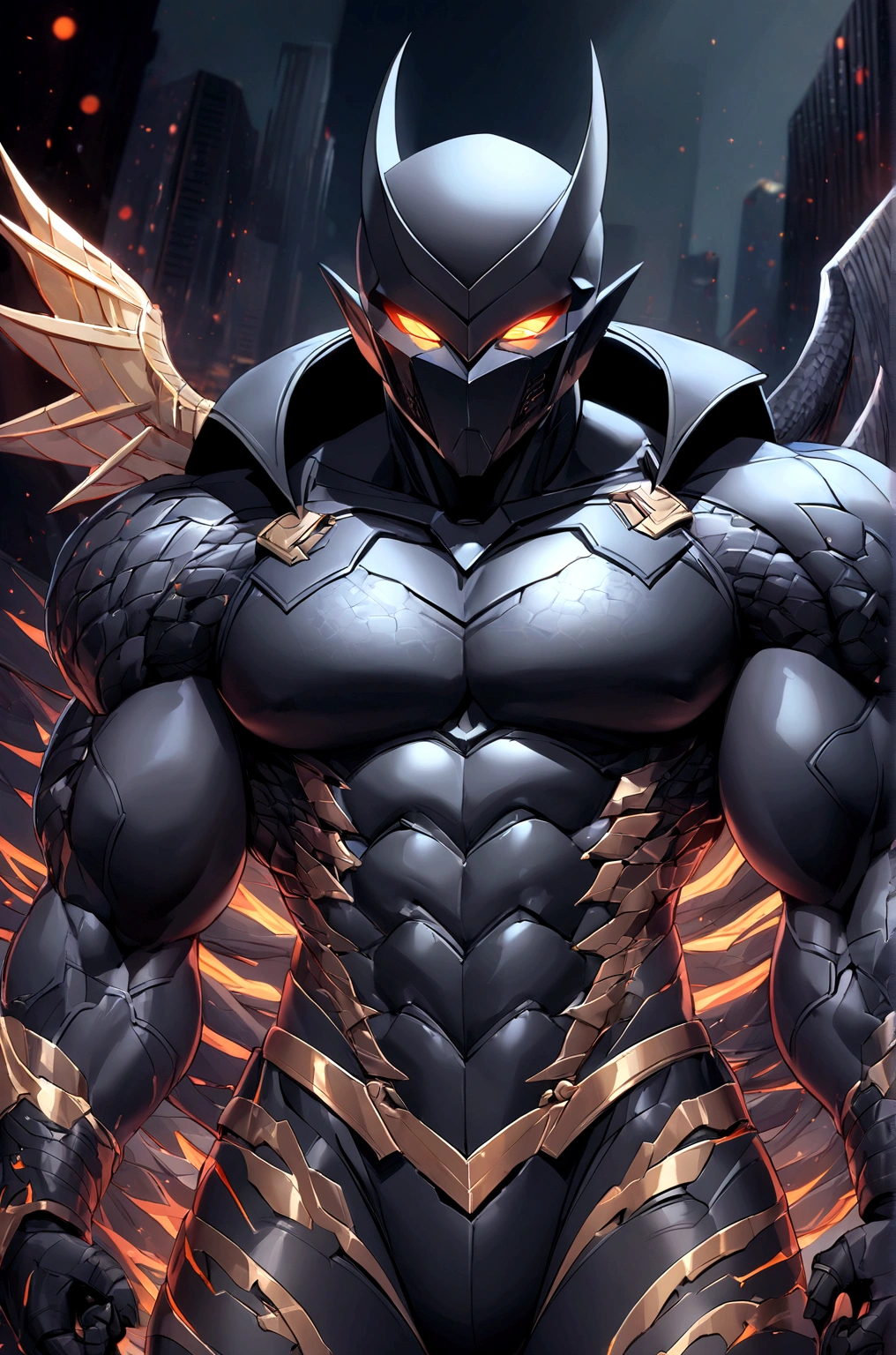 black crhome dark gothic batman black noir dragon details very strong muscle, night city around, rays cosmic around of he body, 8k ultra high quality, masterpiece, ultra detailed, dark energy around, blue luminous eyes
