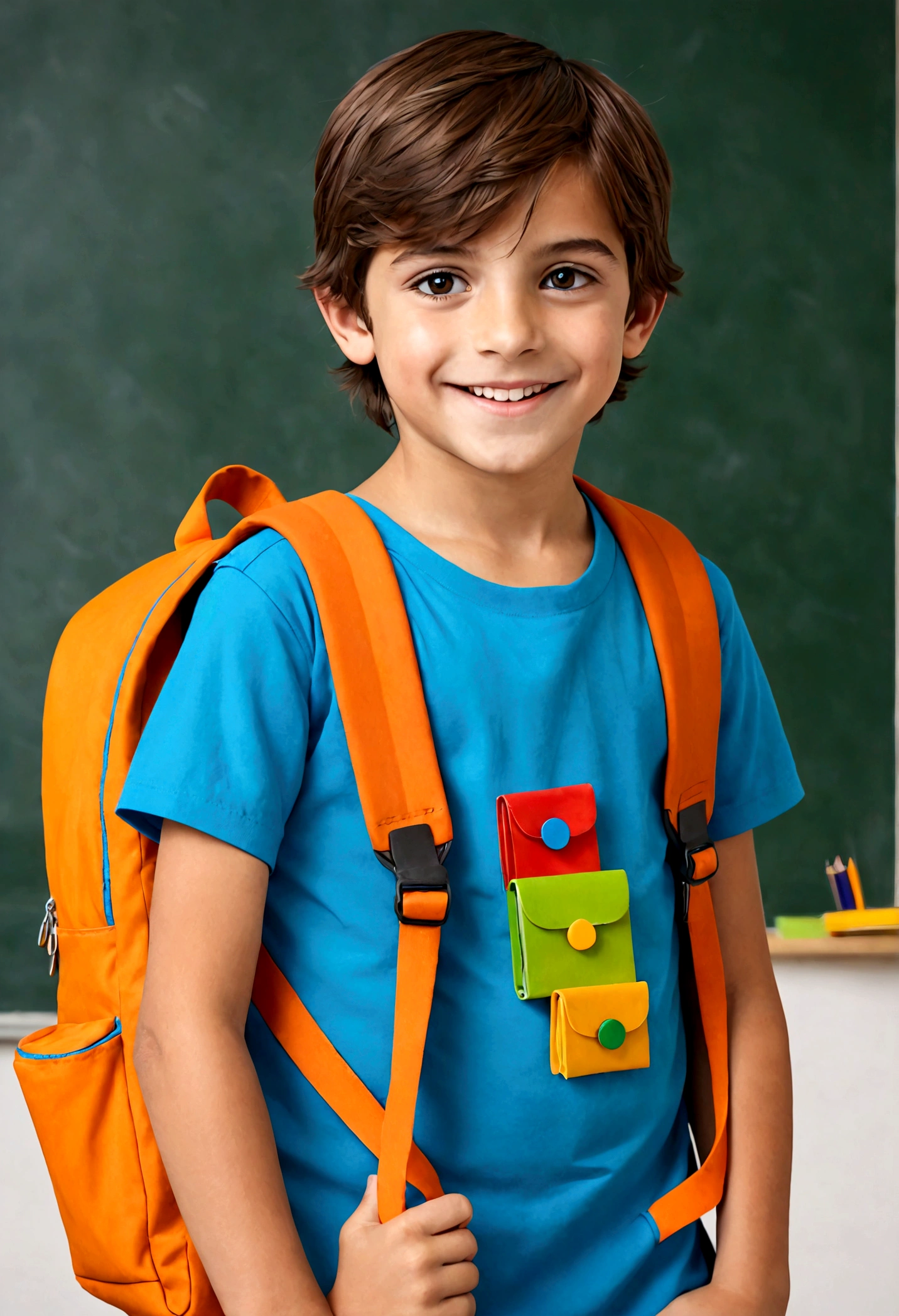 happy boy, Brown hair, anteojos,  vestido de colores alegres como naranja, azul, morado, verde, en alto contraste,  lleva una mochila,  rodeado de formulas matematicas, gracioso, alborotado, alegre, divertido sonrisa y vivaz una master pieza increible ideal para el regreso a clases,deja copy space a la derecha  con rostro de asombro mirando a su lado, escribe "back to the school" fondo gris oscuro uhd fotografia