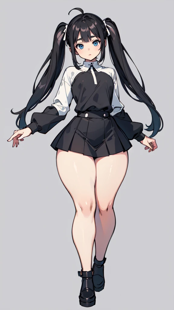 blank background, (((full body))), (masterpiece), ((best quality)), (very short girl), flat chest, short twintail, wide hips:1.8, (thick thighs:1.5), (very short skirt), toeless footwear