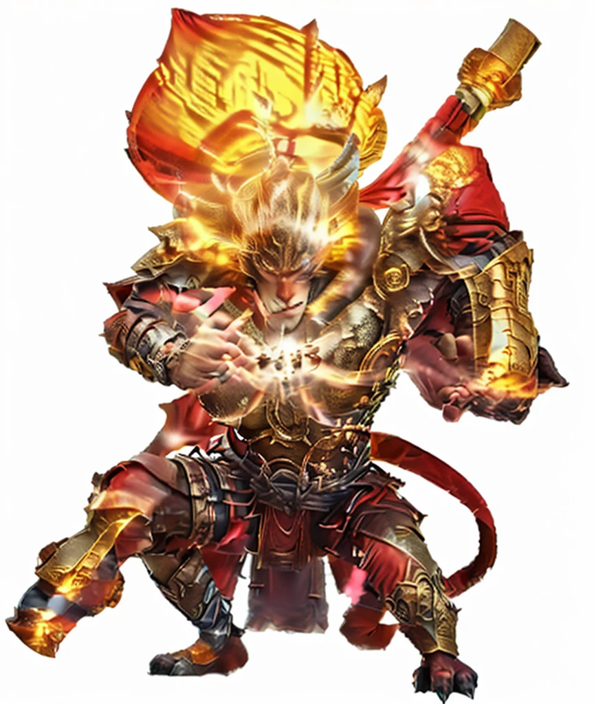 a cartoon image of a man with a sword and armor, sun wukong, wukong, monkey king, legendary god, god of the sun, ne zha from smite, asura from chinese myth, bian lian, fire monkey, 3D, Realistic, ultra quality, Beast, warrior plate, fluffy beast, chainmail, armor plate, upgrade armor, armored monkey