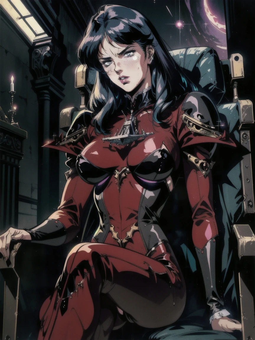((((retro anime)) of a gothic vampire piloting a gothic ruby mech)), (from below), close-up, (fisheye), ((gothic (control panels) everywhere)), ((mature)), ((vampiric)), (iridescent bodysuit), lace accessories, dark big lips, ((baroque pilot seat)), ((leaning back sitting pose)), ((elegant)), (((serious tone))), futuristic, top spacecraft control panel, ((dark place)), ((low-light)), intricate control panel details, 1990s (style),  [blushing], sweat, masterpiece, claustrophobic, sparkles, limited colors
