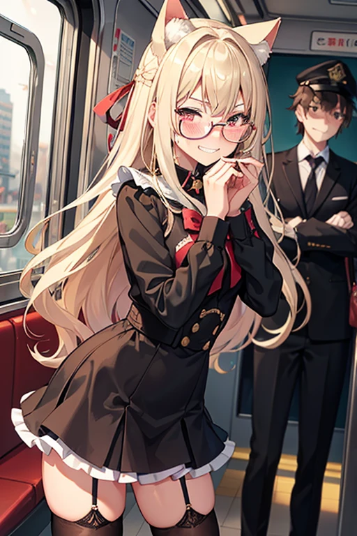 18 yeas old, girl, blonde hair, long hair, slim, big tits, narrow red eyes, cute, cat ears, glasses,
(embarrassed, blush:1.4), (ecstasy:1), (think:1.8), (grin:1.5), (sweat:0.9), sailor uniform, See-through, ribbon, fishnet, garter belt, frills, Kneesocks, high heels, rose, headdress, frontal, standing, crowded train, centet of attention, inside the train, man people