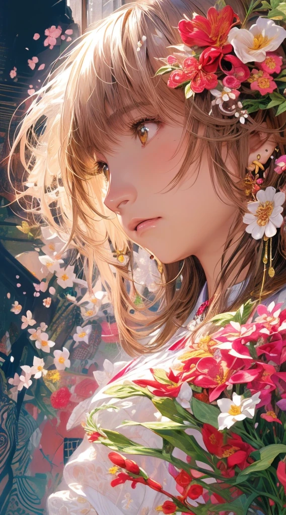 cute、Perfect Anatomy、Picturesque、sketch、texture、solo、Very detailed、(Fractal Art:1.1)、(Gentle colors:1.1)、(Floral:1.6)、Most detailed、(Zentangle:1.2)、(Dynamic pose)、(Abstract background:1.3)、(Glowing Skin)、(Many colors:0.8)、、(Earrings:1.4)、(feather:0.9)、Taisho romance,(masterpiece、highest quality、highest quality、Official Art、Beautiful and aesthetic:1.2)、