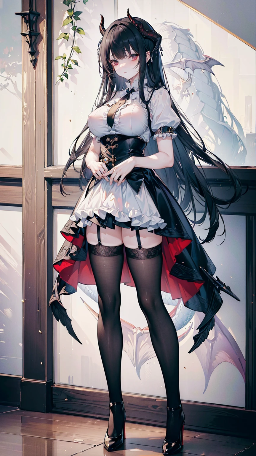 (masterpiece, top quality, best quality, official art, beautiful and aesthetic:1.3), (8k, best quality, masterpiece:1.2),(full body:1.3) (large breasts:1.2), long hair, black thighhighs, high heel, (microskirt:1.1), garter belt, dragon's horn,dragon's wing,
