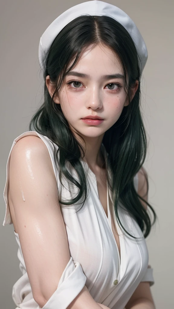 best quality, masterpiece, (lifelike:1.4), 1  girl, A faint smile, Dark green hair，White nurse uniform，Nipple protrusion，Wet，A lot of sweat，Marks，blushed skin，/Upscale，Height 175cm，Natural beautiful face，slim body，Pure white background，Fair and rosy skin，Messy Curls