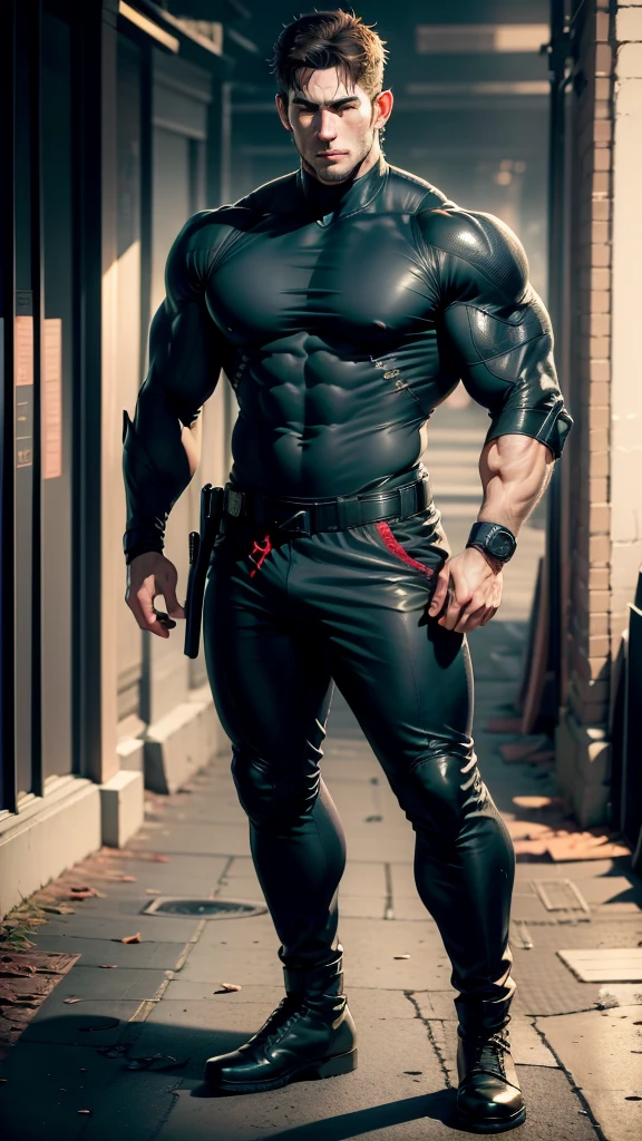 Movie poster, full body, character design (Resident Evil - Chris Redfield, Chris Redfield) wearing shorts standing alone on the street, with a resolute expression, deep and charming eyes, emerald-like pupils, muscular male hero, heroic male posture, tall and burly, muscular! Charming sexy developed leg muscles, tall and stocky, without super and cool advantage shirts, high resolution committee, beige white combat boots, attractive strong man,