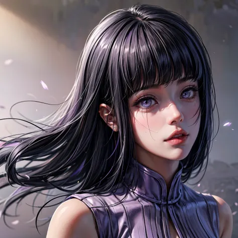 1girl, close up of face, adult, hinata hyuga, the last, shy girl, long black hair, blunt bangs, dark hair, voluminous hair, lave...