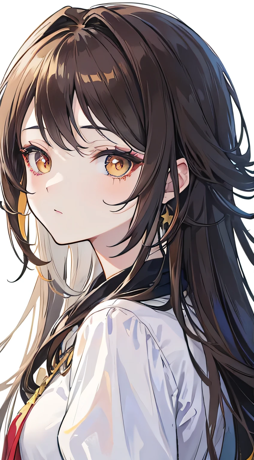 ((Anime Female)),(black and gold clothing),( ( golden colored in the right eye) ) ( (dark gray eye in the left eye) ) ( ( star-shaped pupil in the left eye) ), ( ( dark brown hair in the half right side of hair) ), ( (light brown hair in the half left side of hair ) ), ( (split dyed hair ) ) Cangcang, style of anime4 K, detailed portrait of an anime female, a beautiful anime portrait, Stunning anime face portrait, portrait anime Female,, 4K anime wallpaper, Anime art wallpaper 8 K, Portrait of an anime female, star shaped pupil, white colored pupil