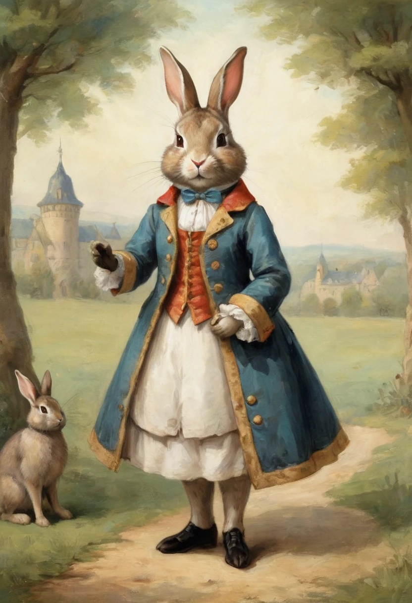 Queen's Rabbit、Multiple facial expressions、Anthropomorphic cute rabbit、Cute characters from fairy tales、Cute rabbit in coat、18th century French clothing、Colorful colors、An ultra-high picture quality、Super delicate、Character design drawings、Full body like、Multiple Pose、janela com pintura delicada aquarelada, melhorar qualidade