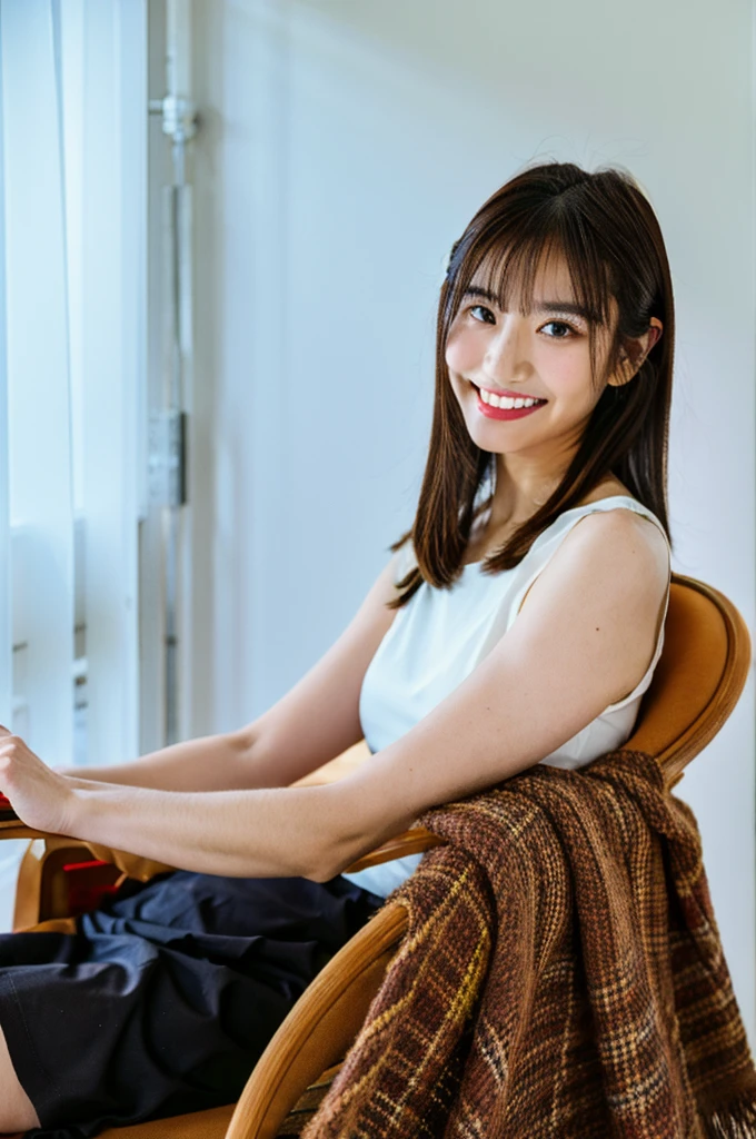 One girl, alone, (Masterpiece), (Realistic), (Ultra fine), (beautiful), White Wall, Smile, (highest quality, 128k,masterpiece), とてもbeautiful面長顔, Japanese Model, Ultra HD, (Photorealistic:1.1), Black brown hair, seat, seat全身, Smile, Full body photo, Professional Lighting, White background,Nikon RAW Photos, Fujifilm XT3,