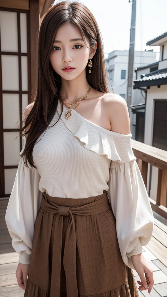 Ultra HD, upscale, first class quality, Super detailed, Reality, 8K, RAW photos, best quality, masterpiece, Attractive girl, pretty girl, Brown hair, Shoulder-Length Layering, Japanese Idol, complicated, fashionable, Women&#39;s shirts, Model posing, White knitwear
