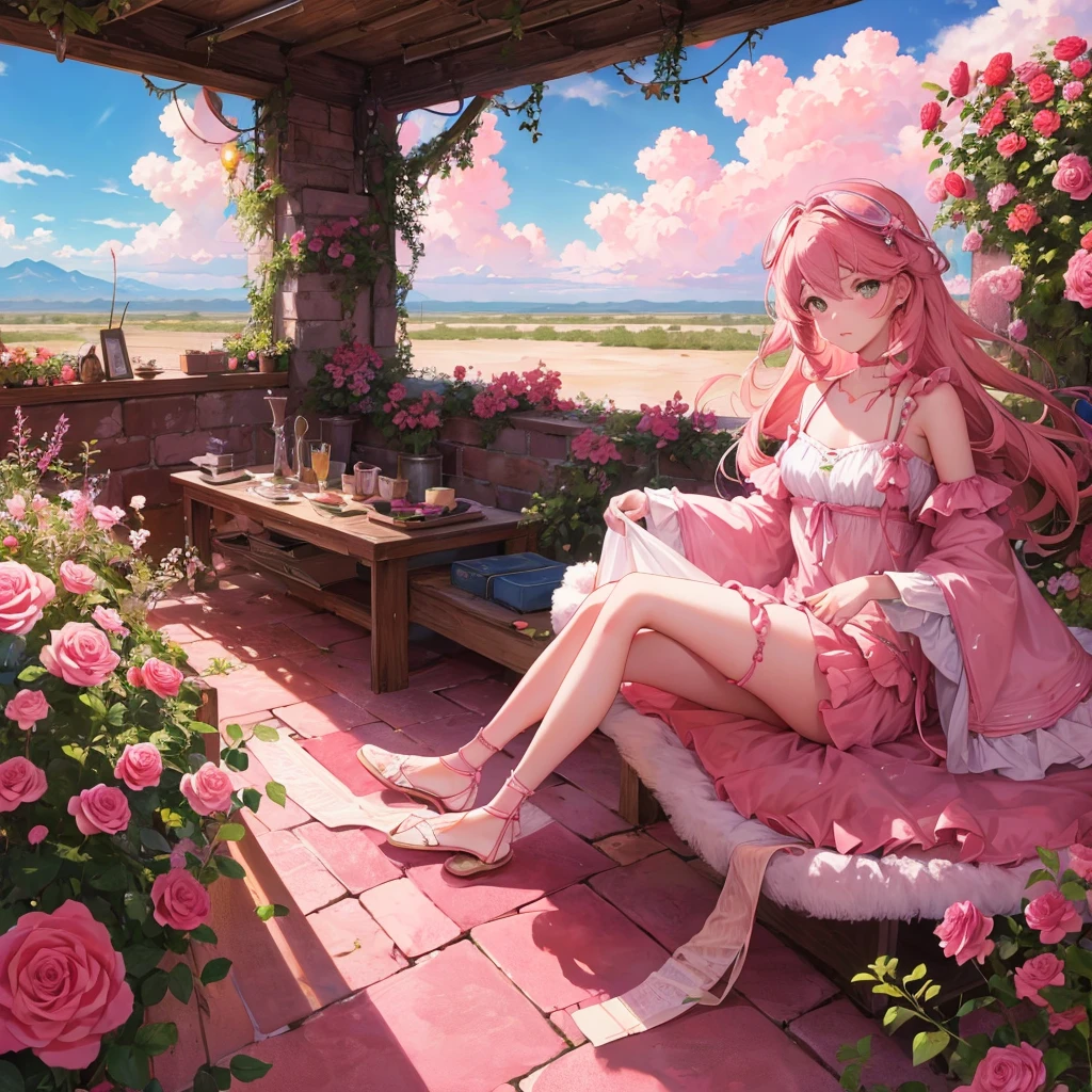 Summer, desert, pink clouds, a land overgrown with roses, James Gurney, art station rendering, ultra-wide lens, high definition