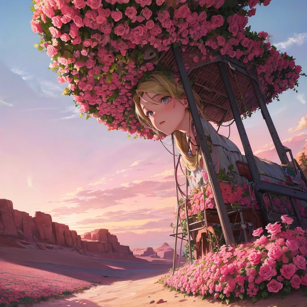 Summer, desert, pink clouds, a land overgrown with roses, James Gurney, art station rendering, ultra-wide lens, high definition