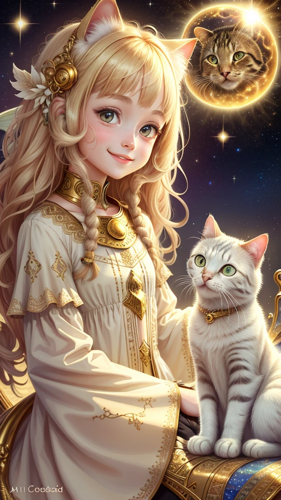 1 girl, cosmic background, ivory gold ai psychedelic magic, cat, fairy, clean, bright, smiling, god