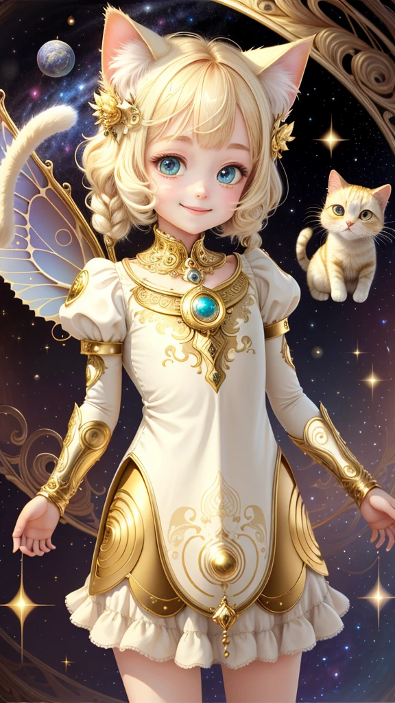 1 girl, cosmic background, ivory gold ai psychedelic magic, cat, fairy, clean, bright, smiling, god