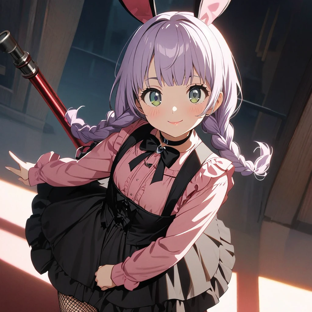 (Cute a girl:1.5), (masterpiece:1.3), anime visual, (Black bunny girl costume, red high heels,High leg, fishnet stockings, white bunny tail, black bunny ears, front view:1.3 ), (Lovey-dovey:1.5), (tilt head:1.3), extremely delicate face, soft clean focus, realistic lighting and shading, (an extremely delicate and beautiful art:1.3), elegant, (muted colors:1.1),(a girl with closs hair pin,pale purple hair,wavy two braids,bluntbangs hair,green and black eyes,
pink shirt,cosplay, jirai kei, bangs, black skirt, black bow, looking at viewer, bow, long sleeves, choker, ribbon,pink lips, :1.4), small breast,slim,The Moulin Rouge in Paris, mysterious pink light, a slightly dark room,look at viewer,smiling,A girl is pointing a flamethrower at viewer,