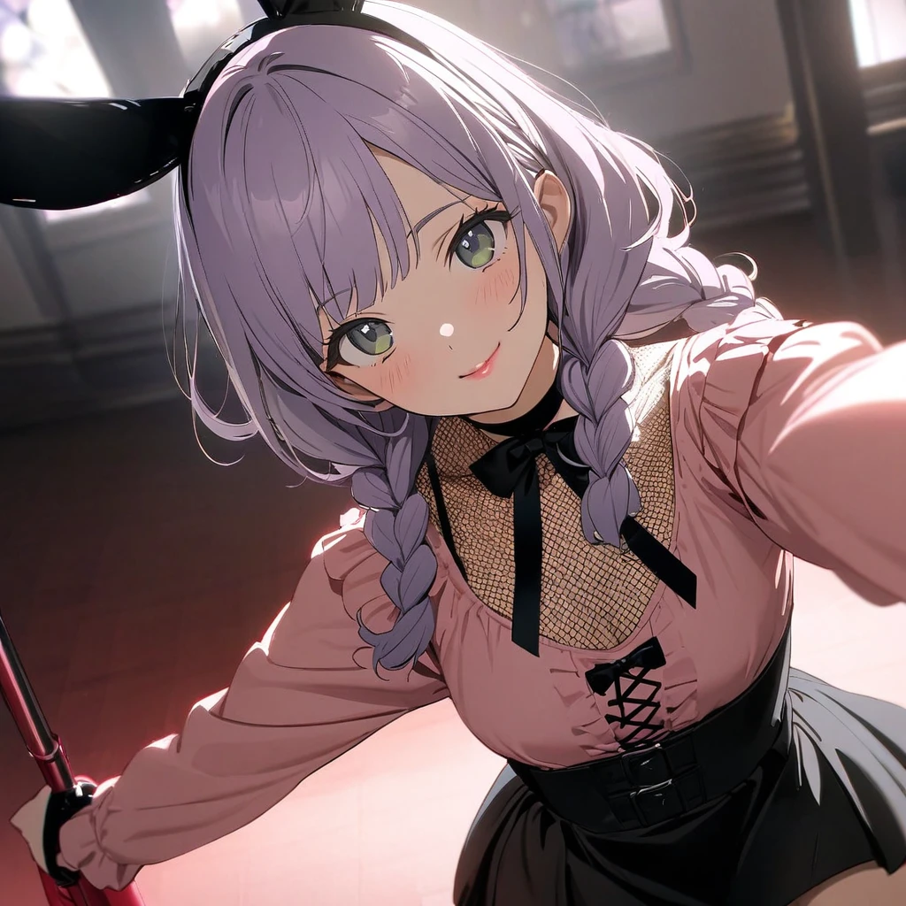 (Cute a girl:1.5), (masterpiece:1.3), anime visual, (Black bunny girl costume, red high heels,High leg, fishnet stockings, white bunny tail, black bunny ears, front view:1.3 ), (Lovey-dovey:1.5), (tilt head:1.3), extremely delicate face, soft clean focus, realistic lighting and shading, (an extremely delicate and beautiful art:1.3), elegant, (muted colors:1.1),(a girl with closs hair pin,pale purple hair,wavy two braids,bluntbangs hair,green and black eyes,
pink shirt,cosplay, jirai kei, bangs, black skirt, black bow, looking at viewer, bow, long sleeves, choker, ribbon,pink lips, :1.4), small breast,slim,The Moulin Rouge in Paris, mysterious pink light, a slightly dark room,look at viewer,smiling,A girl is pointing a flamethrower at viewer,