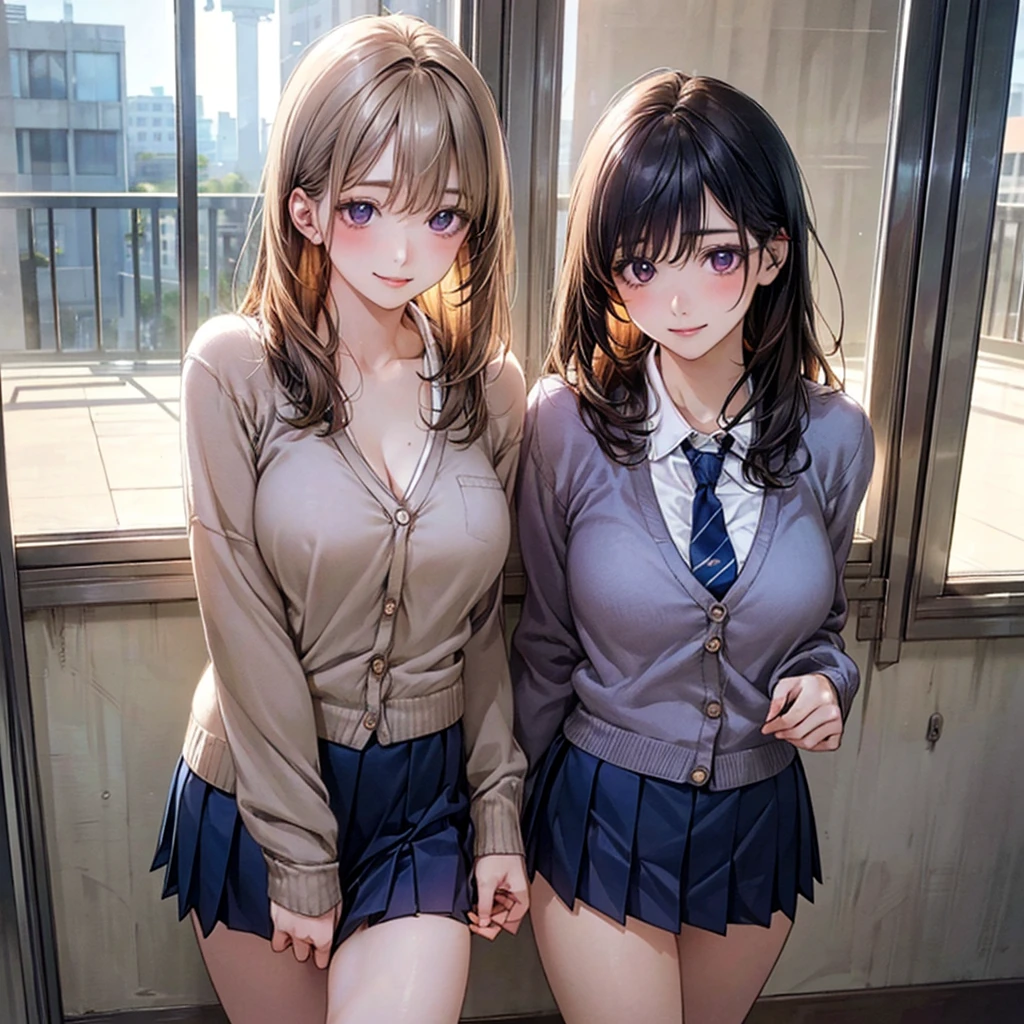 (masterpiece:1.2, top-quality), (realistic, photorealistic:1.4), beautiful illustration, (natural side lighting, movie lighting), NSFW,
looking at viewer, cowboy shot, front view:0.6, 1 girl, japanese, high school girl, perfect face, cute and symmetrical face, shiny skin,
(long hair:1.8, straight hair:1.7, blond hair), asymmetrical bangs, purple eyes, (large breasts:1.1, thick thighs),
beautiful hair, beautiful face, beautiful detailed eyes, beautiful clavicle, beautiful body, beautiful chest, beautiful thigh, beautiful legs, beautiful fingers,
((light blue collared shirts, navy pleated mini skirt, socks, navy tie, light brown cardigan)), pink panties,
(beautiful scenery), evening, school, classroom, curtains, walking, hands on chest, (lovely smile, upper eyes), desnuda, mostrando su vagina, desnuda