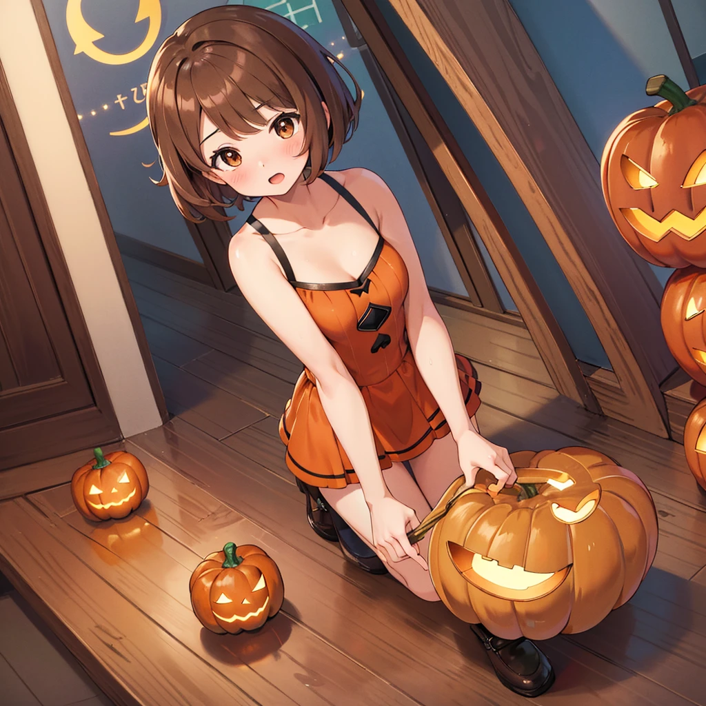 masterpiece, highest quality, High resolution, Gloria1, 1 Girl, Gloria\(Pokémon\), Brown Hair, , Brown Eyes, , Short Hair, , Bobcut, bangs, , 　１Describe a girl carefully　１Girl　Expression in love　blush　Open Mouth　blush　pumpkin　Pumpkin Dresses　Halloween　In town