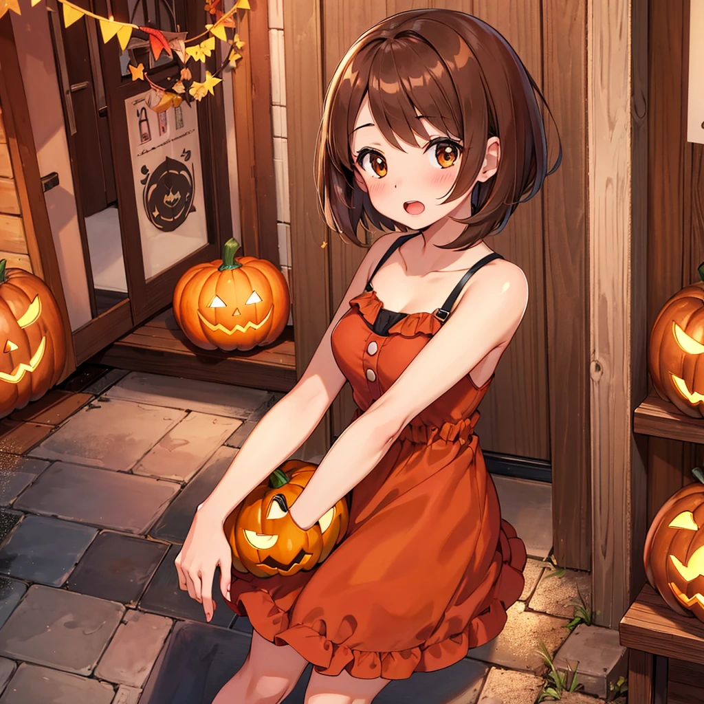 masterpiece, highest quality, High resolution, Gloria1, 1 Girl, Gloria\(Pokémon\), Brown Hair, , Brown Eyes, , Short Hair, , Bobcut, bangs, , 　１Describe a girl carefully　１Girl　Expression in love　blush　Open Mouth　blush　pumpkin　Pumpkin Dresses　Halloween　In town