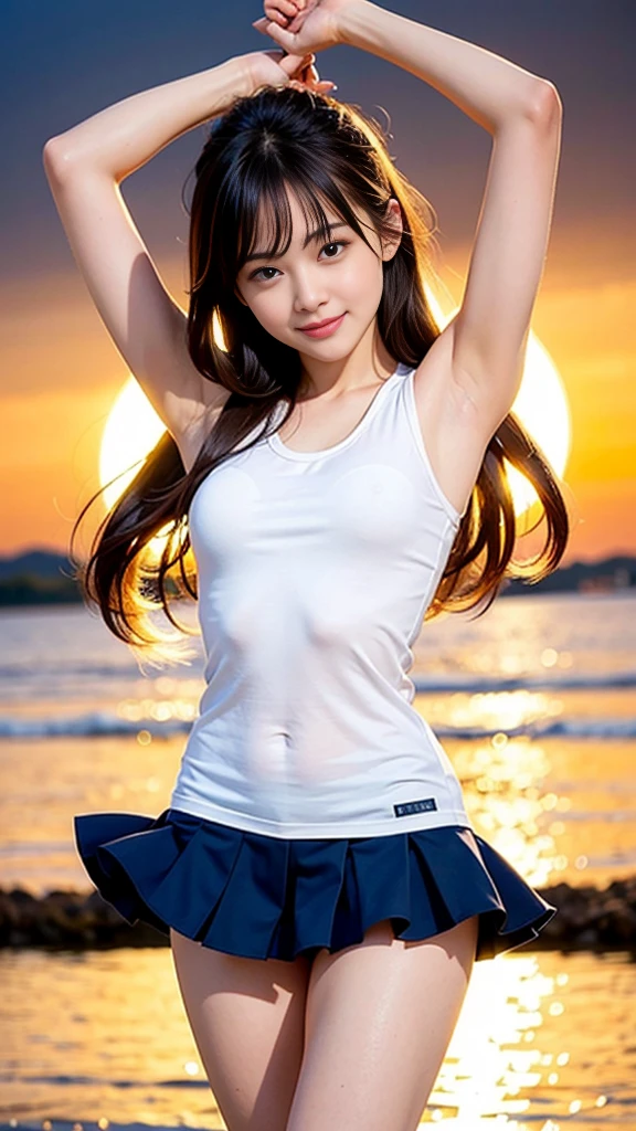 highest quality、8k、No makeup、masterpiece、Ultra-high resolution、Clear photos、Realistic、Professional Lighting、Very cute girl、So cute!:1.8、Cheerleader:1.8、smile、、Ultra slim、Tight waist、Slender body、Thin legs、Brown Hair、smile、Field、Under the blazing sun、タイトなCheerleaderのユニホームを着て:1.8、、mini skirt:1.8、Jump towards the camera:1.8、Jump High:1.8、Skirt flipped up:1.8、She gets excited and shows off her white panties:1.8、Full body photo:1.4,((Symmetrical eyes))