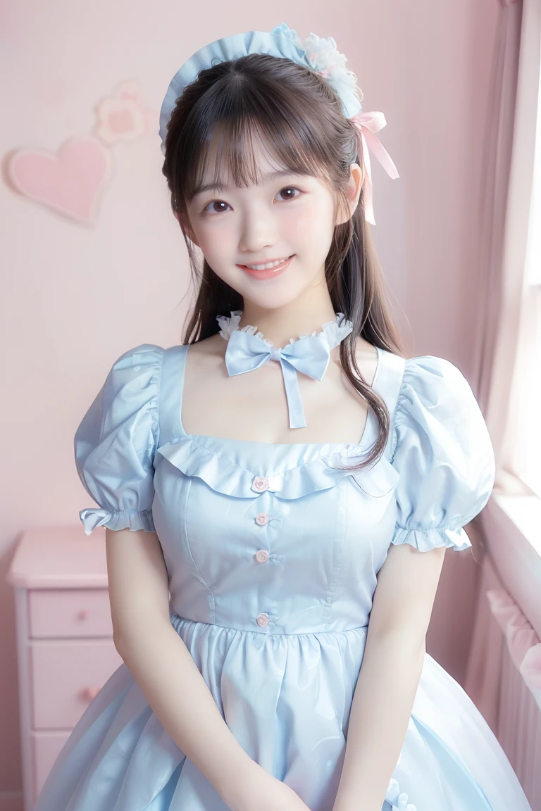 (highest quality、masterpiece、8k、Best image quality、Hyperrealism、Award-winning works)、One ****ta girl、(alone:1.1)、(1 photo:1.1)、(Cute and girly light pink ruffled open chest ****ta dress:1.2)、(Cute girly big ribbon:1.1)、Girly lace decoration、Cute frilly decoration、Cute wavy hair、(Low length:1.1)、(height: 140cm:1.1)、(Big Breasts:1.3)、(Cleavage:1.2)、(Cute heart ornament:1.1)、Lots of cute frills、Big pretty ribbon、Accentuate your body lines、Slender body、(Intricate ****ta room background with lots of pastel colored furniture:1.1)、(Light blue and light pink ****ta dream room:1.1)、(Lots of cute pastel-colored furniture:1.2)、(Light pink desk:1.2)、(A cute light blue chest of drawers:1.2)、(Cute light blue desk:1.1)、(Cute light pink dressing table:1.2)、(Lots of cute furniture, Perfectly organized:1.1)、(Cute girly curtains in pastel colors:1.1)、(very bright and vivid:1.1)、(Beautiful walls with cute decorations in pastel colors:1.1)、Blurred Background、Standing gracefully in the center of the room、Accurate anatomy、Perfect Makeup、Long eyelashes、Glossy Lips、Ultra HD glossy skin、(Ultra-high resolution, bright and beautiful skin:1.2)、超高精細のGlossy Lips、Ultra-high resolution beautiful teeth、(Voluptuous body:1.1)、Cute heart symbol、wide々Stylish ****ta Room、(Rose vase:1.1)