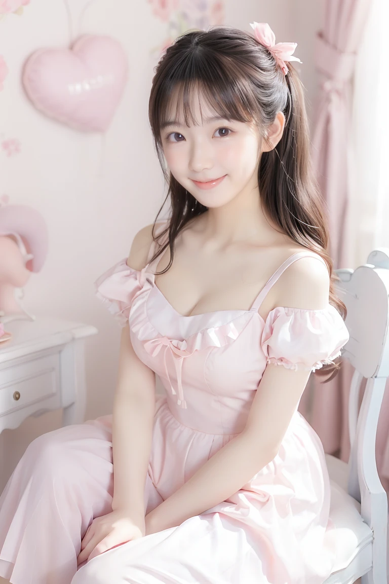 (highest quality、masterpiece、8k、Best image quality、Hyperrealism、Award-winning works)、One Lolita girl、(alone:1.1)、(1 photo:1.1)、(Cute and girly light pink ruffled open chest lolita dress:1.2)、(Cute girly big ribbon:1.1)、Girly lace decoration、Cute frilly decoration、Cute wavy hair、(Low length:1.1)、(height: 140cm:1.1)、(Big Breasts:1.3)、(Cleavage:1.2)、(Cute heart ornament:1.1)、Lots of cute frills、Big pretty ribbon、Accentuate your body lines、Slender body、(Intricate Lolita room background with lots of pastel colored furniture:1.1)、(Light blue and light pink lolita dream room:1.1)、(Lots of cute pastel-colored furniture:1.2)、(Light pink desk:1.2)、(A cute light blue chest of drawers:1.2)、(Cute light blue desk:1.1)、(Cute light pink dressing table:1.2)、(Lots of cute furniture, Perfectly organized:1.1)、(Cute girly curtains in pastel colors:1.1)、(very bright and vivid:1.1)、(Beautiful walls with cute decorations in pastel colors:1.1)、Blurred Background、Standing gracefully in the center of the room、Accurate anatomy、Perfect Makeup、Long eyelashes、Glossy Lips、Ultra HD glossy skin、(Ultra-high resolution, bright and beautiful skin:1.2)、超高精細のGlossy Lips、Ultra-high resolution beautiful teeth、(Voluptuous body:1.1)、Cute heart symbol、wide々Stylish Lolita Room、(Rose vase:1.1)