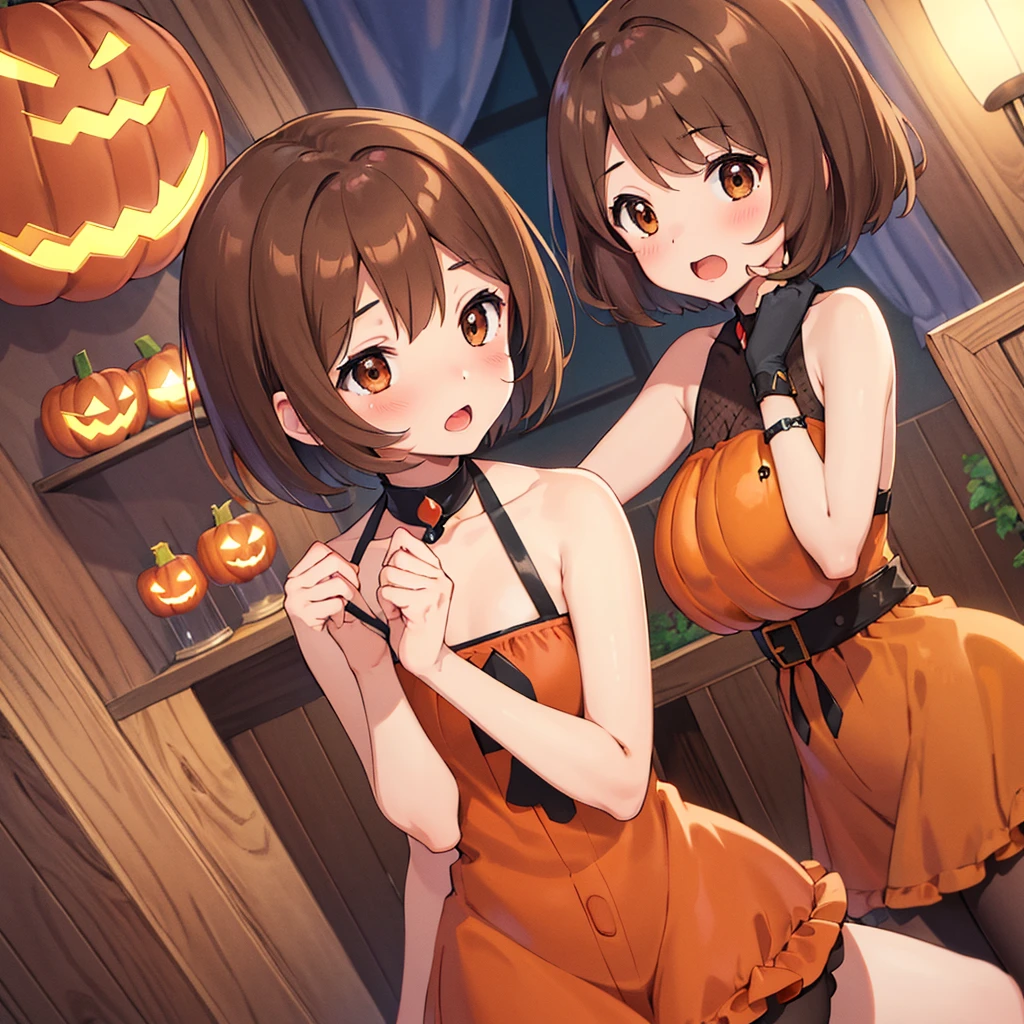 masterpiece, Highest quality, High resolution, Gloria1, 1 Girl, Gloria\(Pokémon\), Brown Hair, , Brown Eyes, , Short Hair, , Bobcut, bangs, , 1Describe a girl carefully 1Girl Expression in love blush Open Mouth blush pumpkin Sexy Pumpkin Bikini Halloween In town