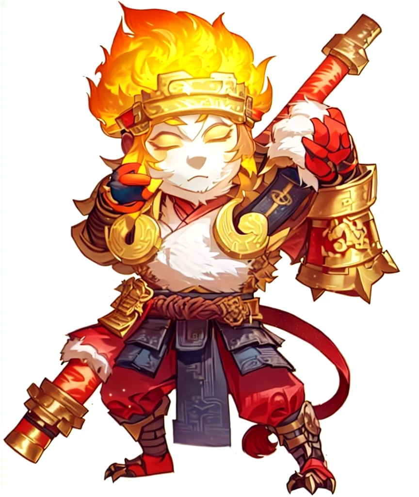 a cartoon image of a man with a sword and armor, sun wukong, wukong, monkey king, legendary god, god of the sun, ne zha from smite, asura from chinese myth, bian lian, fire monkey, 3D, Realistic, ultra quality, Beast, warrior plate, fluffy beast, chainmail, armor plate, upgrade armor, armored monkey