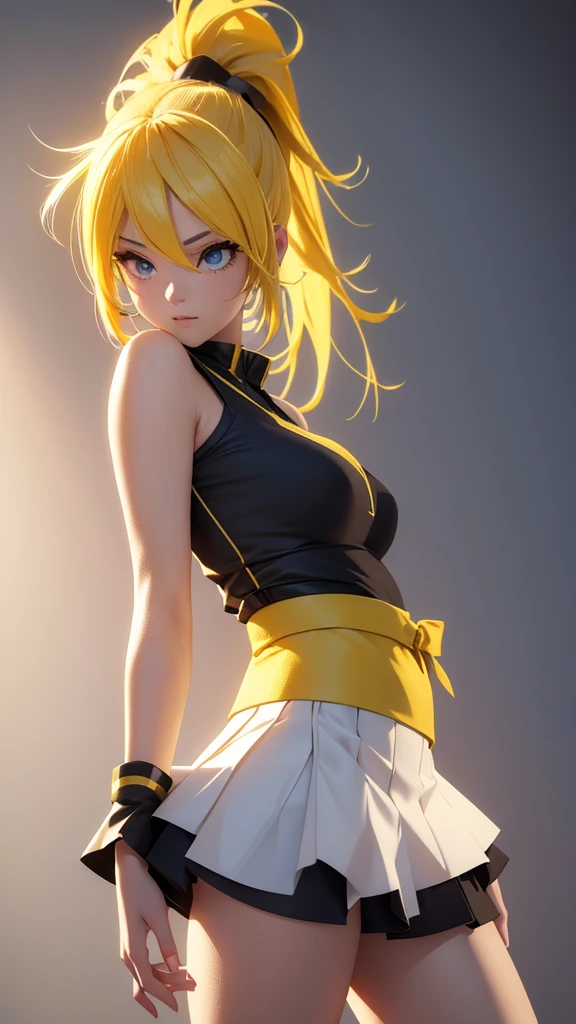 Beautiful girl in a mini skirt with yellow hair and a twin ponytail, wallpaper. 3D