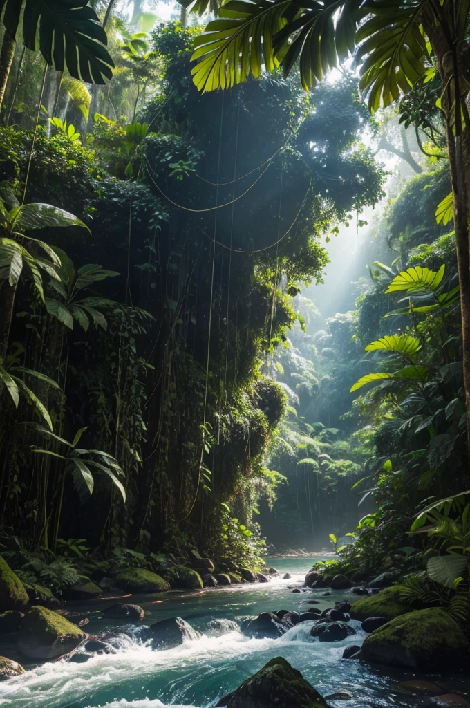 a group of friends set out to the Amazon jungle to film,tropical jungle,dense foliage,lush vegetation,ancient trees,sunlight filtering through leaves,river running through the jungle,boat navigating the river,explorers hiking through the jungle,cameras and filming equipment,adventure,exploration,nature,vibrant colors,beautiful detailed eyes,beautiful detailed faces,extremely detailed skin,realistic,photorealistic,4k,8k,highres,masterpiece,ultra-detailed,vivid colors,cinematic lighting