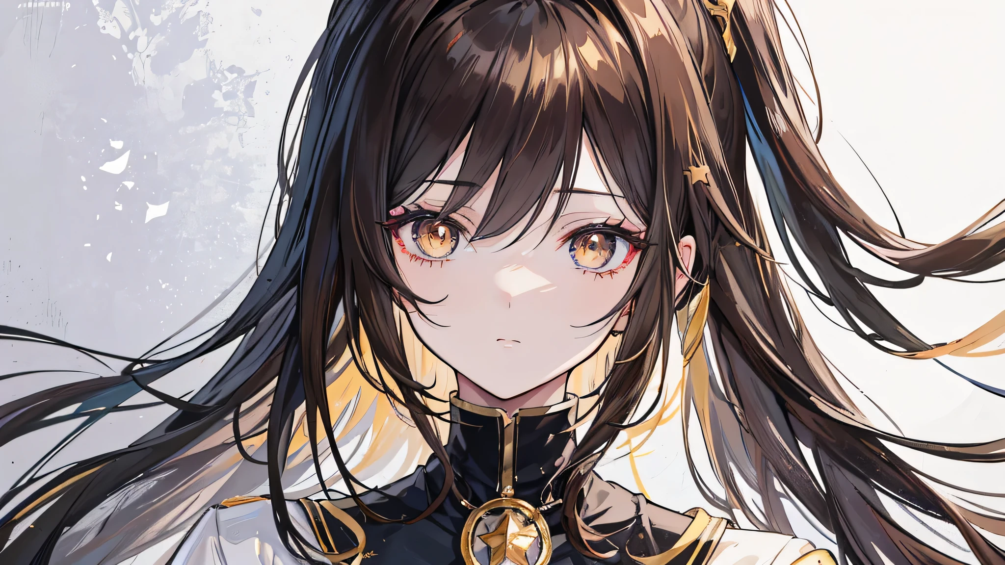 ((Anime Female)),(black and gold clothing),( ( golden colored in the right eye) ) ( (dark gray eye in the left eye) ) ( ( star-shaped pupil in the left eye) ), ( ( dark brown hair in the half right side of hair) ), ( (light brown hair in the half left side of hair ) ), ( (split dyed hair ) ) Cangcang, style of anime4 K, detailed portrait of an anime female, a beautiful anime portrait, Stunning anime face portrait, portrait anime Female,, 4K anime wallpaper, Anime art wallpaper 8 K, Portrait of an anime female, star shaped eye pupil, white colored eye pupil