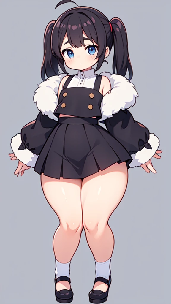 blank background, (((full body))), (masterpiece), ((best quality)), (very short girl), flat chest, short twintail, wide hips:1.8, (thick thighs:1.5), (very short skirt), toeless footwear