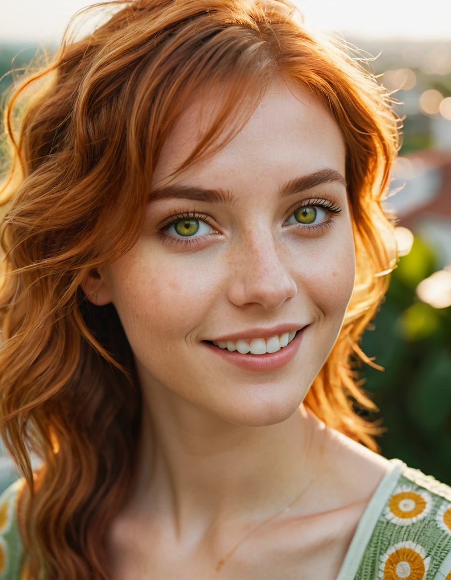 cinematic photo Cinematic image of an 18-year-old copper-haired woman with macroscopic patterns inspired by the sun. Bright hazel eyes. Highlight concentric circles, radiant sun rays and a balcony backdrop, sexy clothing, using a summery palette of warm yellows, oranges and soft greens. smiling. Look for a serene expression and warm, diffuse lighting to emphasize delicate sun-inspired textures. Photorealistic cinema, 8k UHD natural lighting, raw, rich and intricate details, key visual, atmospheric lighting, 35mm photography, film, bokeh, professional, 4k, highly detailed. Shallow depth of field, vignette, highly detailed, high budget, bokeh, cinemascope, vibrant, epic, gorgeous, film grain, grainy, cinematic photorealistic, 8k uhd natural lighting, raw, rich and intricate details, key visual, atmospheric lighting, 35mm photography, film, bokeh, professional, 4k, highly detailed, cinematic, colorful background, concept art, 8k, dramatic lighting, high detail, highly detailed, hyper realistic, intricate, intricate sharp details, octane rendering, soft, lighting study, trend in artstation. . 35mm photography, film, bokeh, professional, 4k, highly detailed