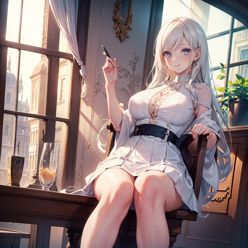 a beautiful girl in a library, detailed eyes, beautiful detailed lips, extremely detailed eyes and face, long eyelashes, white top, short skirt, sitting on desk pose, smiling, (best quality, 8k, ultra-detailed, realistic, highly detailed, photorealistic, masterpiece:1.2), (professional, vivid colors, studio lighting, physically-based rendering, extreme detail description:1.37), stunning background, intricate details, elegant, serene, calming atmosphere, warm color palette