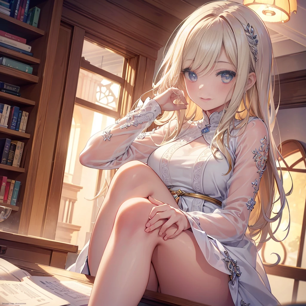 a beautiful girl in a library, detailed eyes, beautiful detailed lips, extremely detailed eyes and face, long eyelashes, white top, short skirt, sitting on desk pose, smiling, (best quality, 8k, ultra-detailed, realistic, highly detailed, photorealistic, masterpiece:1.2), (professional, vivid colors, studio lighting, physically-based rendering, extreme detail description:1.37), stunning background, intricate details, elegant, serene, calming atmosphere, warm color palette