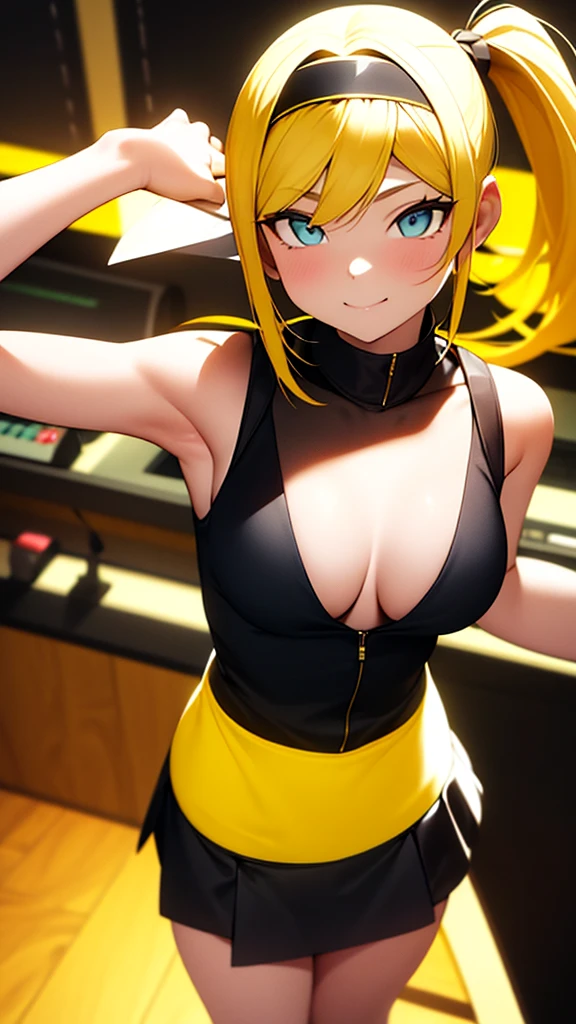 Beautiful girl in a mini skirt with yellow hair and a twin ponytail, wallpaper. 3D